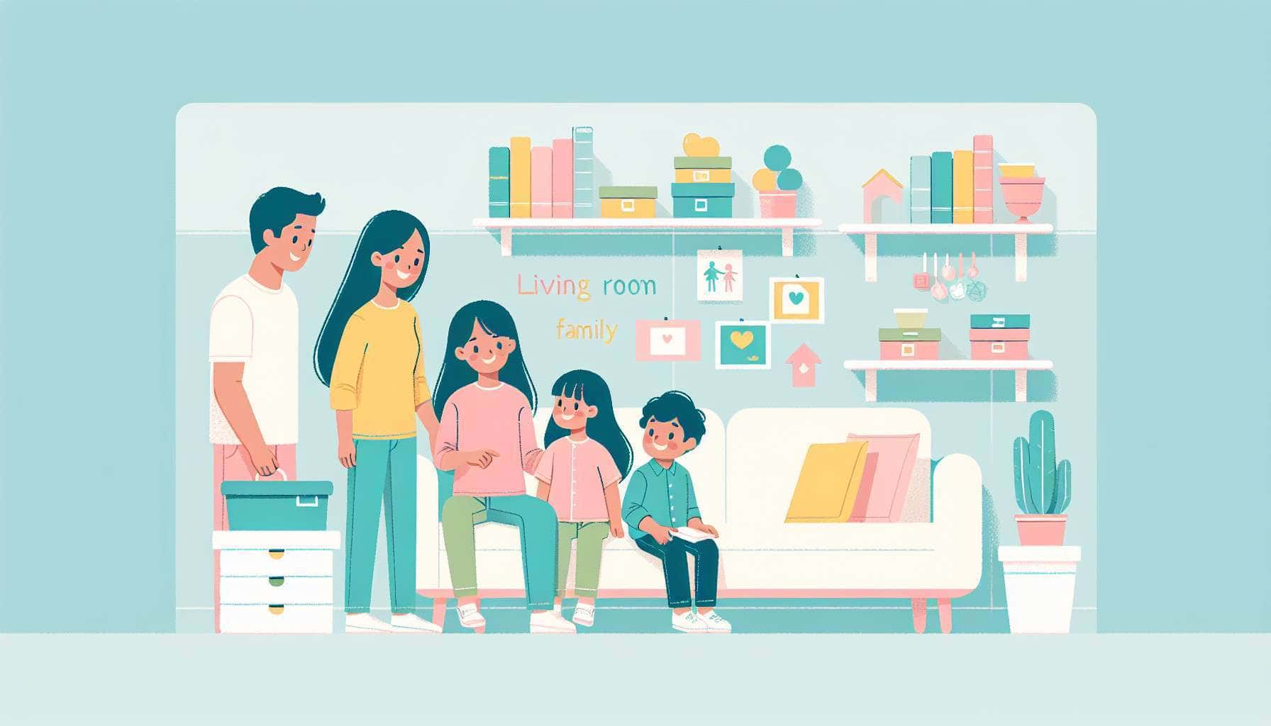 living room storage units wall – family-friendly illustration