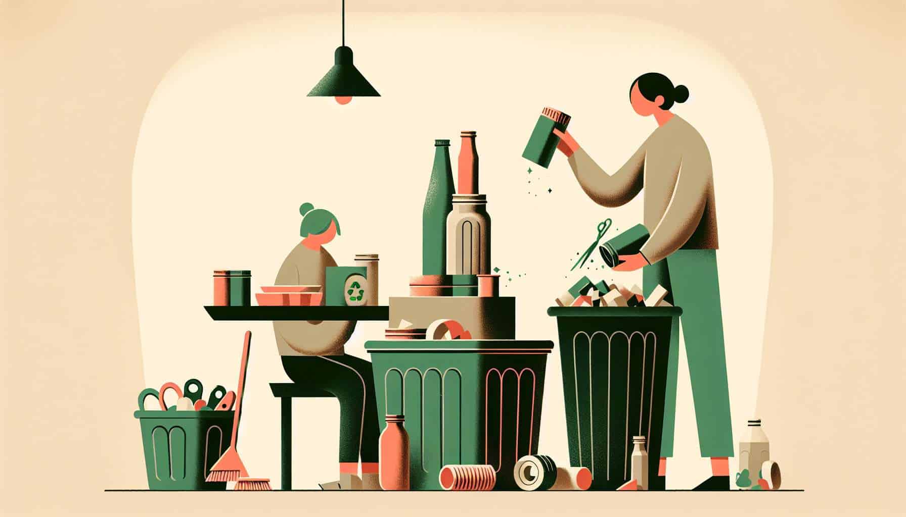 Recycled Crafts from Household Items – playful New-Yorker style illustration (flat, minimal, muted pastels)