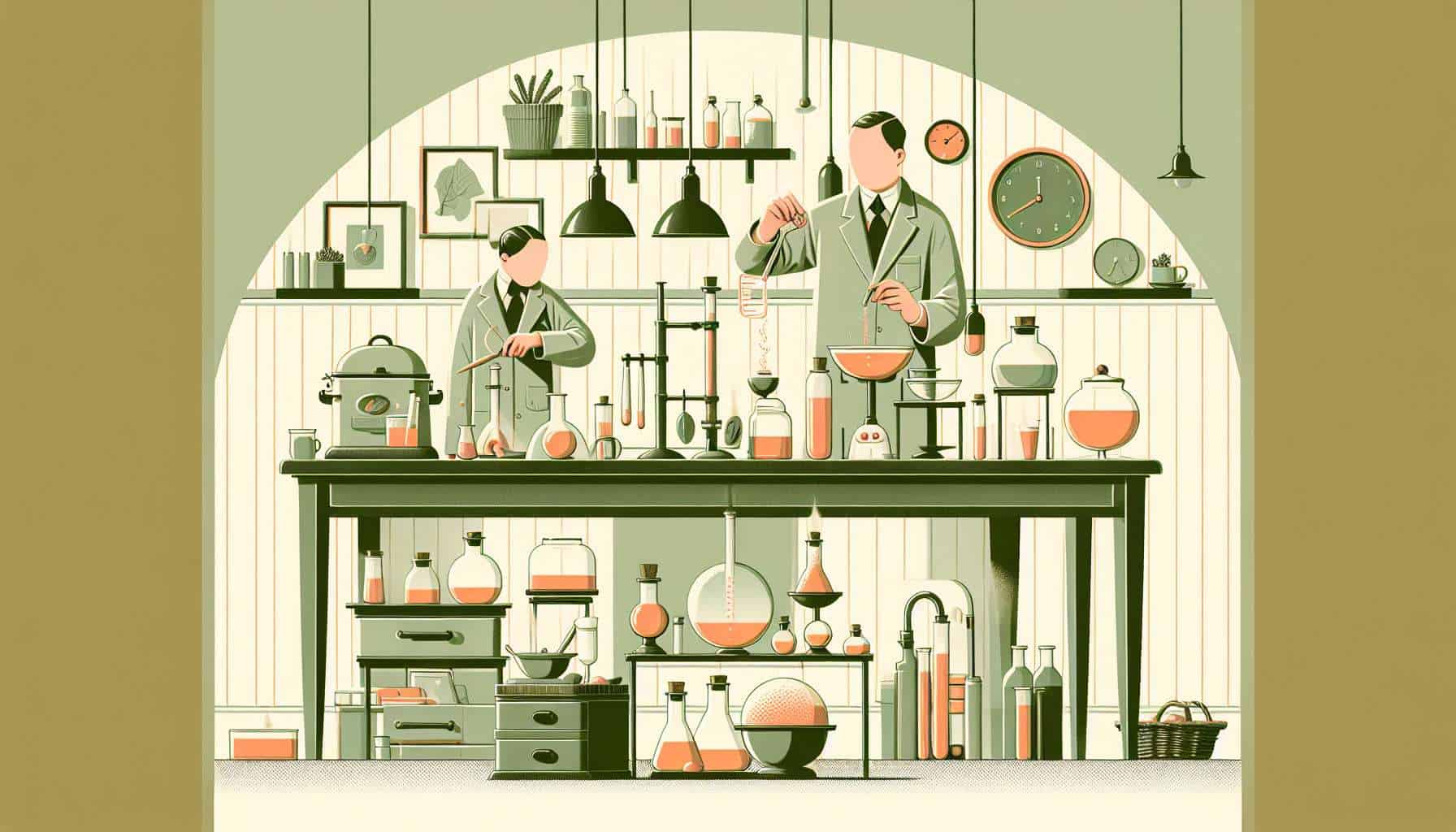Science Experiments with Kitchen Items – playful New-Yorker style illustration (flat, minimal, muted pastels)