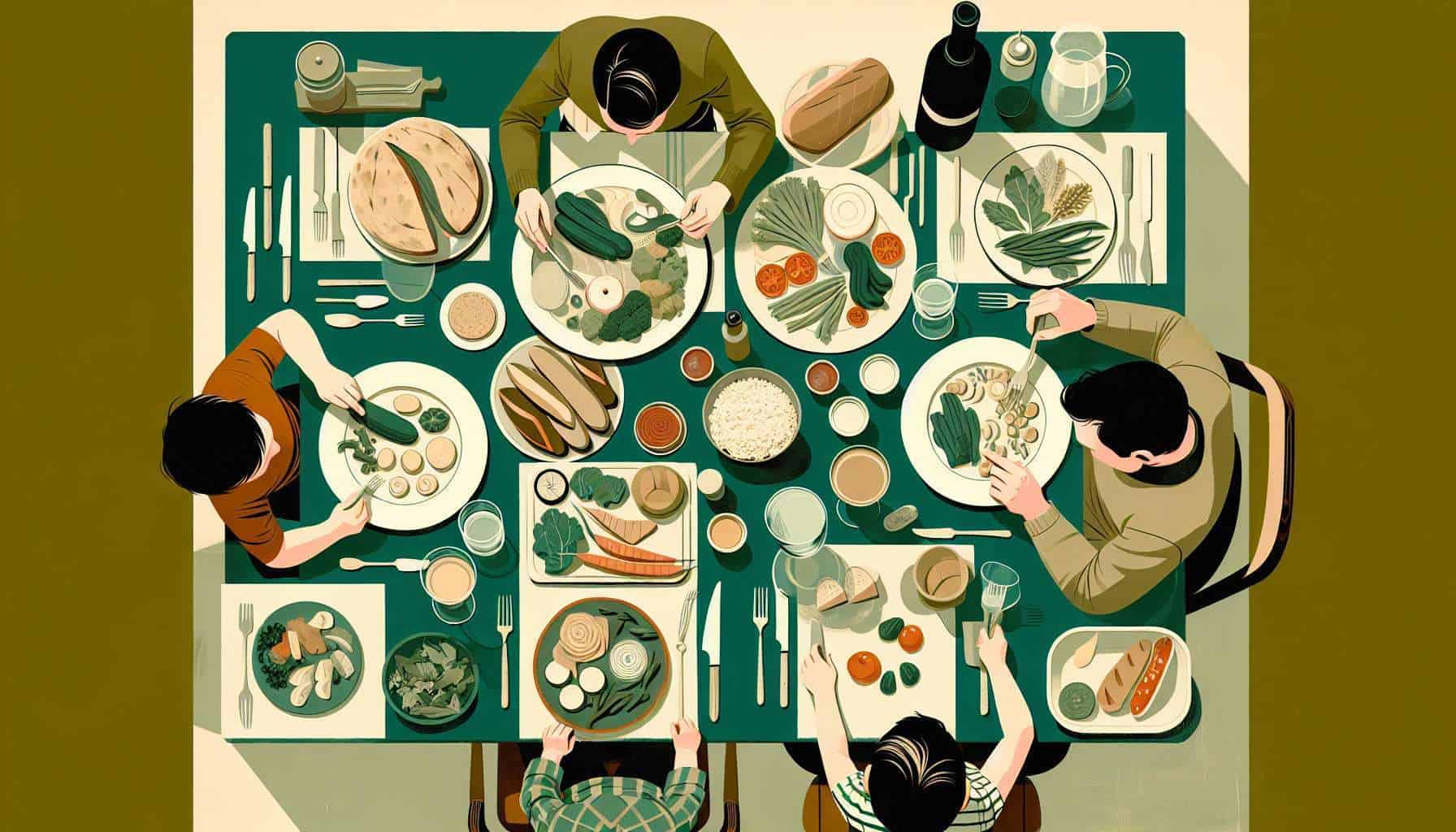 Weekly Meal Plan for Busy Families – playful New-Yorker style illustration (flat, minimal, muted pastels)