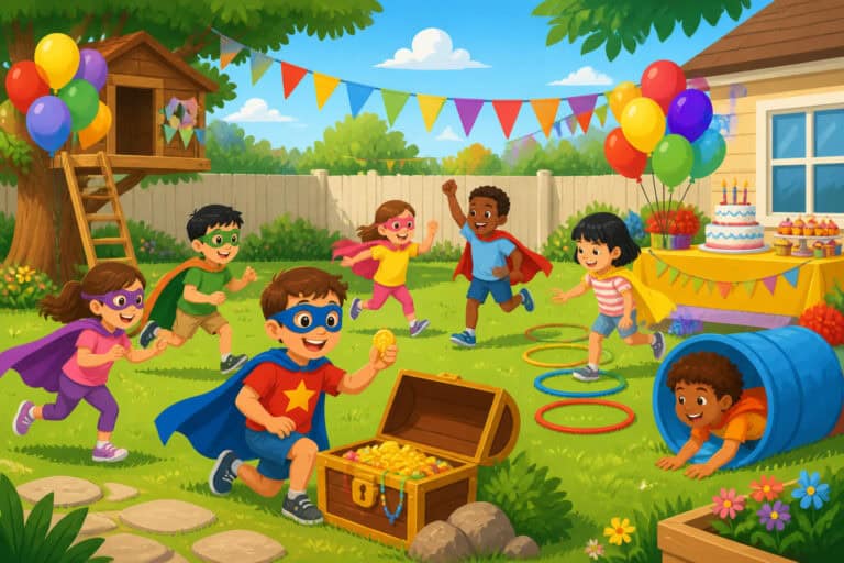 birthday party ideas for 7 year olds - kids playing outdoor party games at a birthday celebration