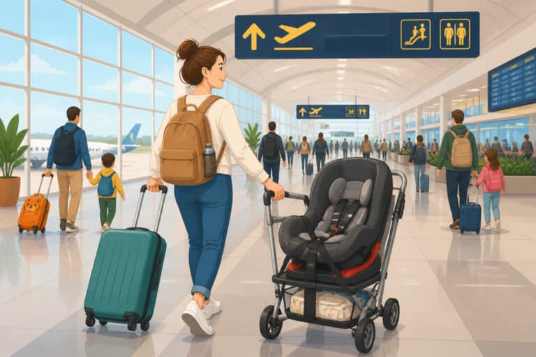 A parent rolling a car seat strapped to a wheeled travel cart through an airport terminal