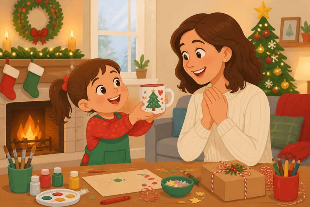 Preschooler presenting a handmade Christmas gift to a parent – holiday craft illustration