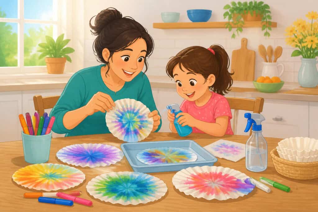 A parent and child making colorful coffee filter crafts with markers and water at a kitchen table.