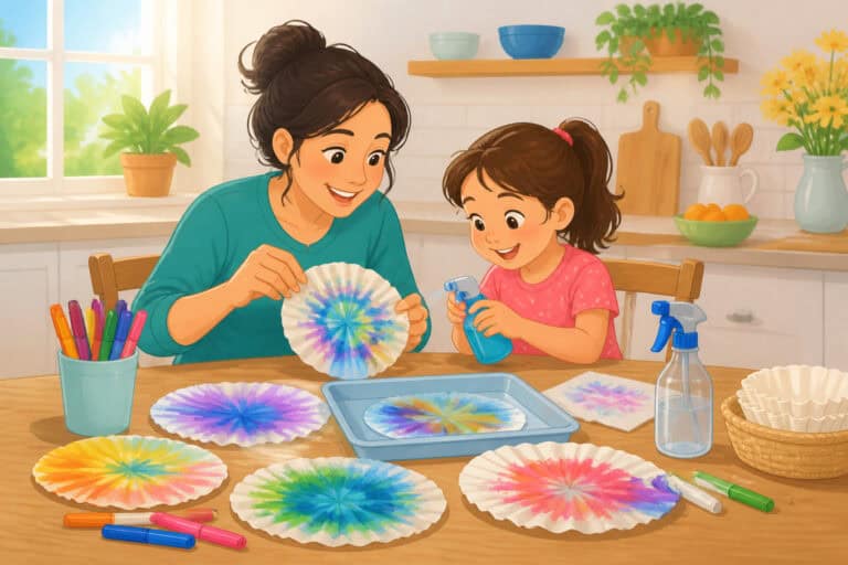 A parent and child making colorful coffee filter crafts with markers and water at a kitchen table.