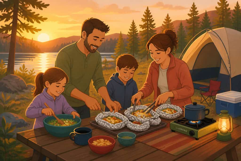 A family preparing a simple camping dinner together at a picnic table with a camp stove and cooler nearby
