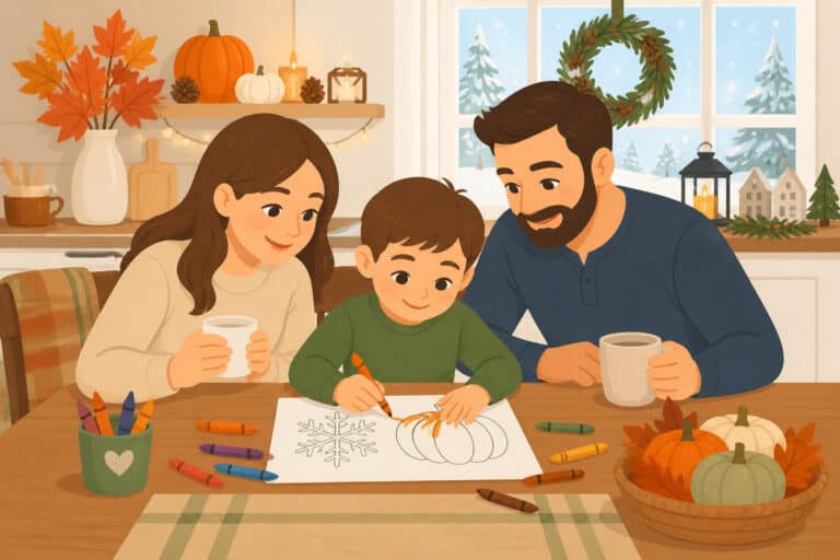 Child coloring a printable holiday activity page at a kitchen table with crayons