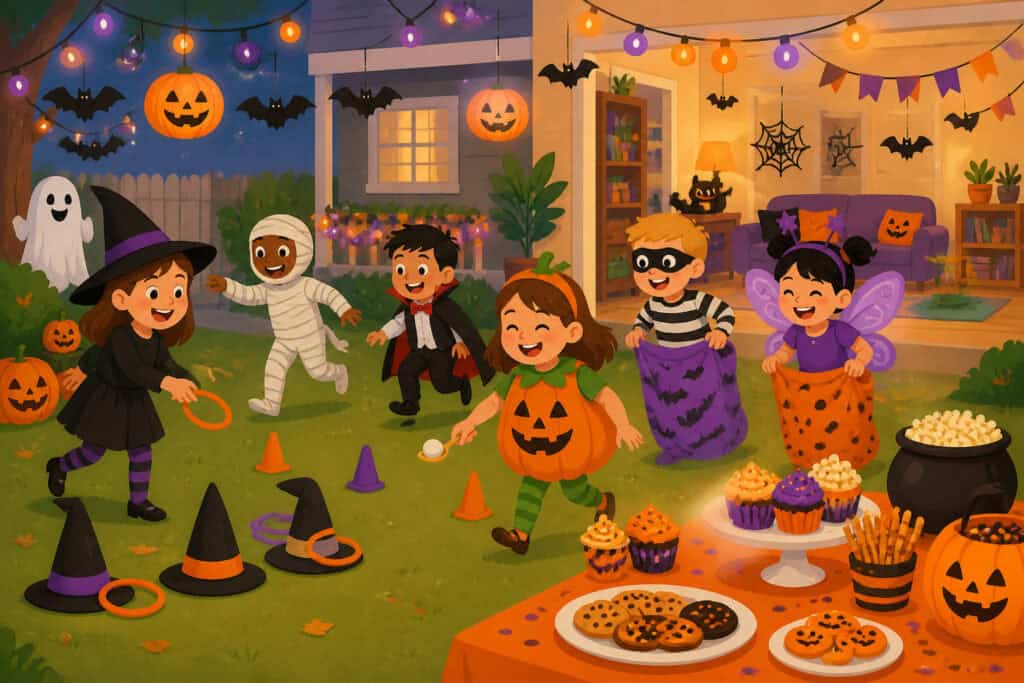 Kids in costumes playing games at a decorated Halloween party