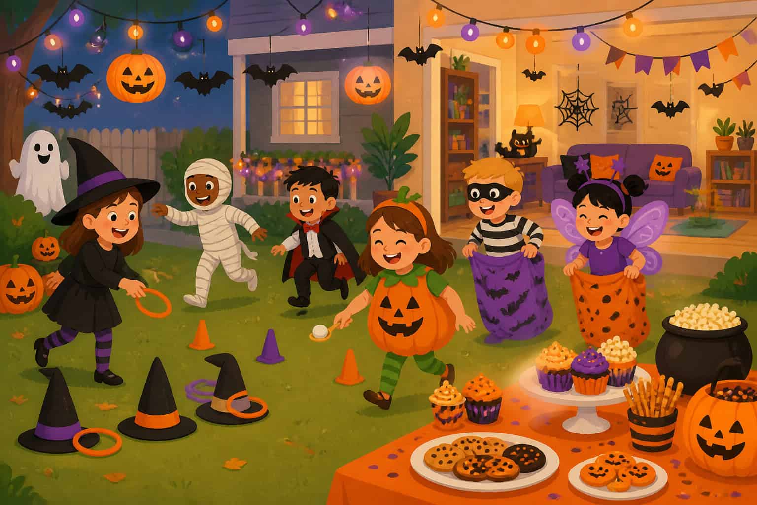 Kids in costumes playing games at a decorated Halloween party