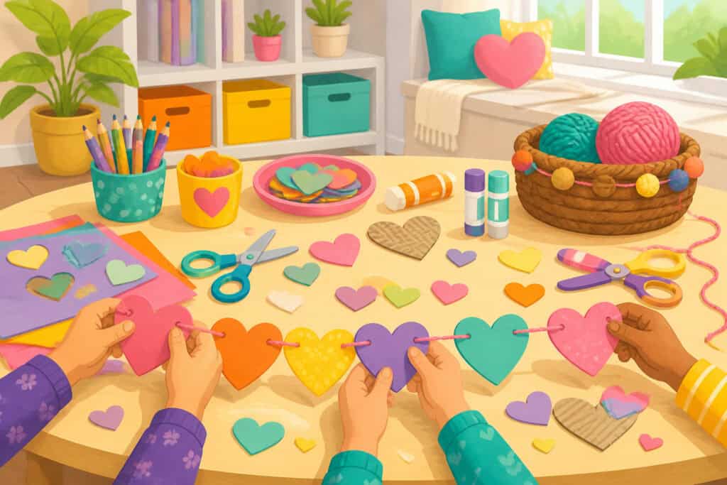 Kids making paper heart crafts at a table with scissors, glue, and yarn