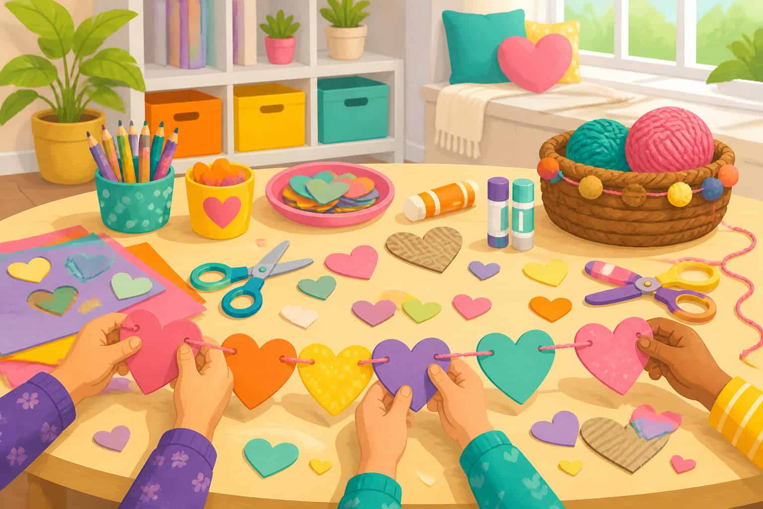 Kids making paper heart crafts at a table with scissors, glue, and yarn