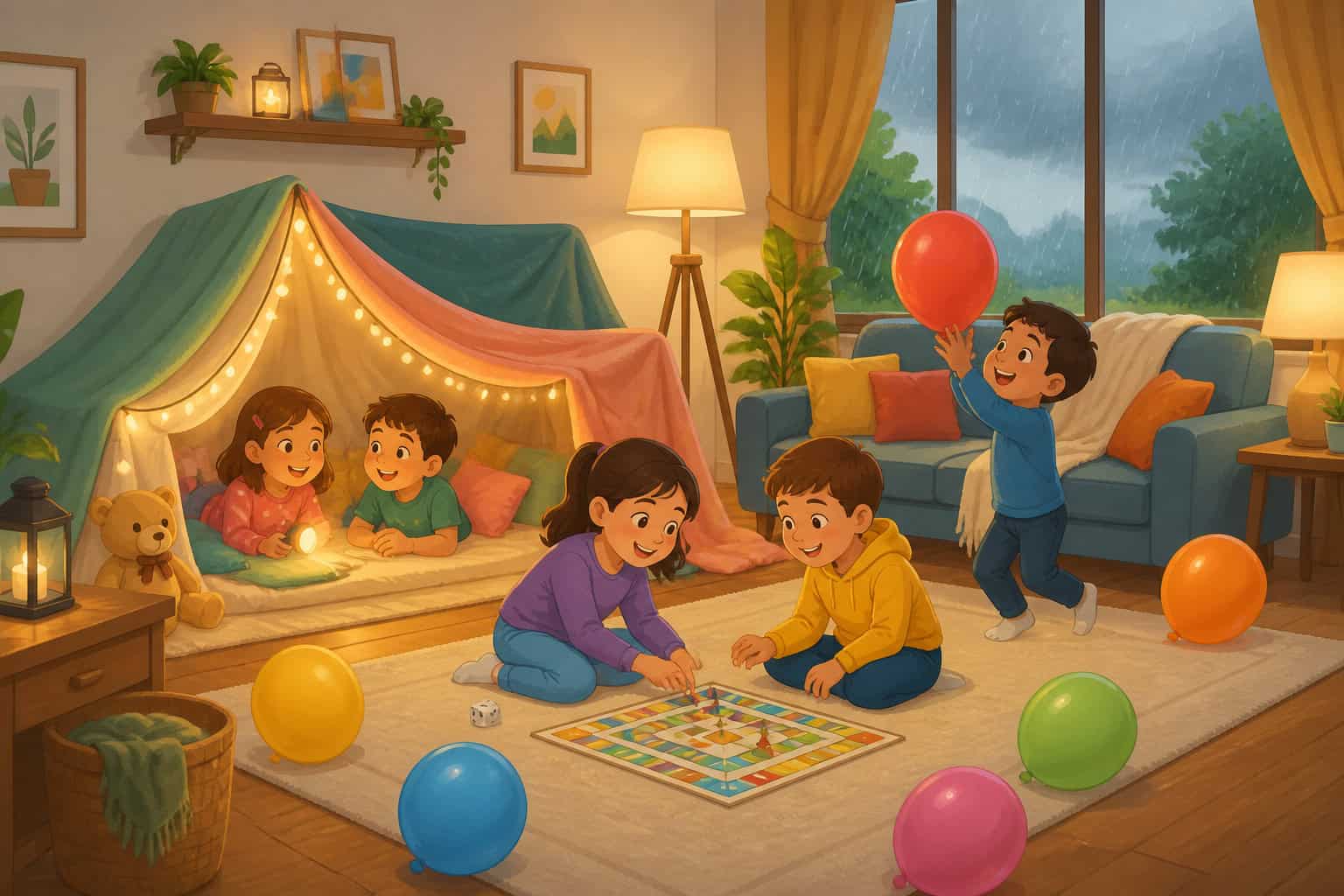 Kids playing indoor games and building a blanket fort in a cozy living room on a rainy day