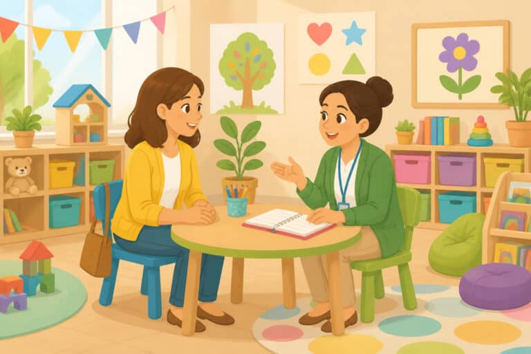 A parent and kindergarten teacher talking together at a small classroom table during a conference