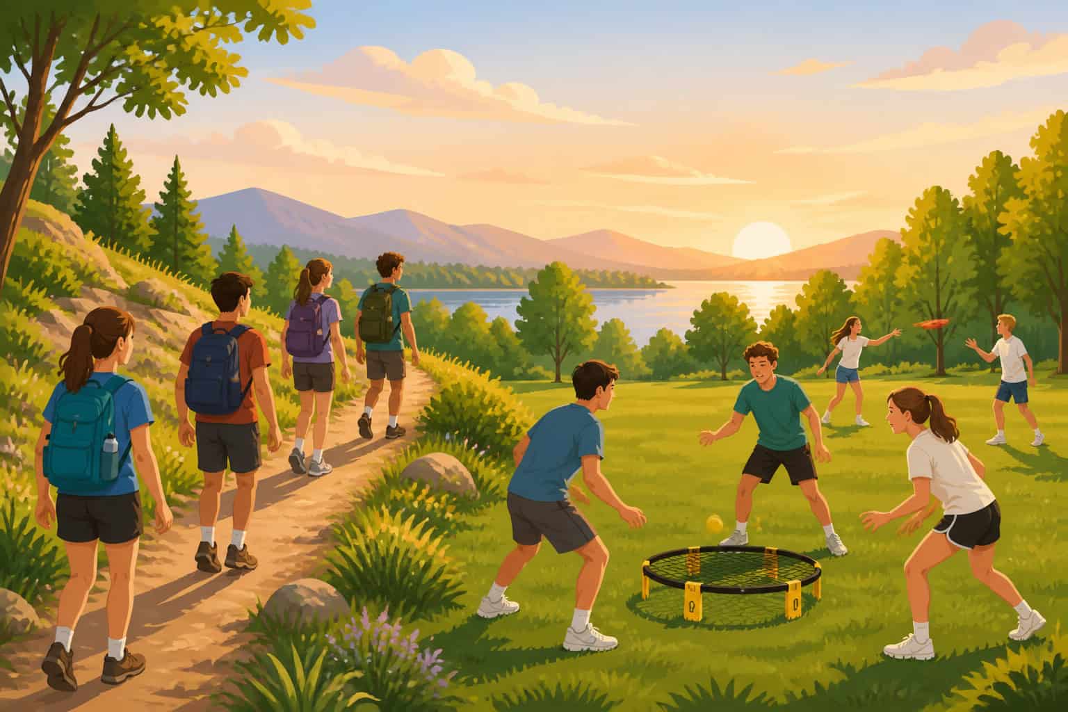 Teenagers hiking and playing outdoor games together in a park