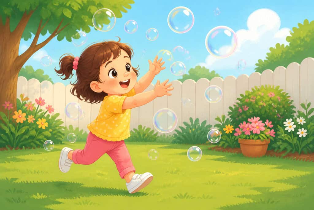 outdoor activities for three year olds, child chasing bubbles outside