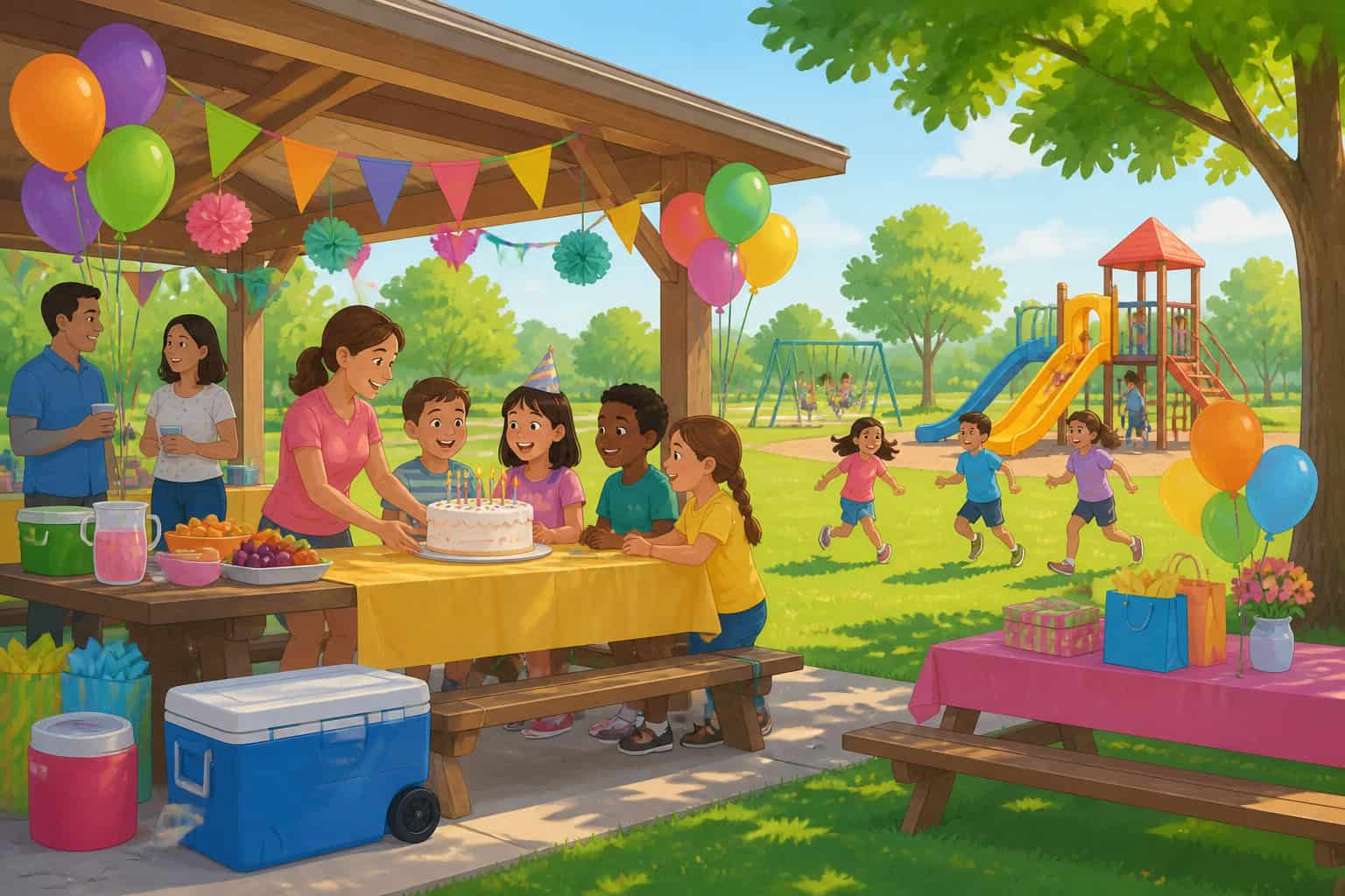 Kids playing at an outdoor birthday party in a park pavilion with balloons and picnic tables