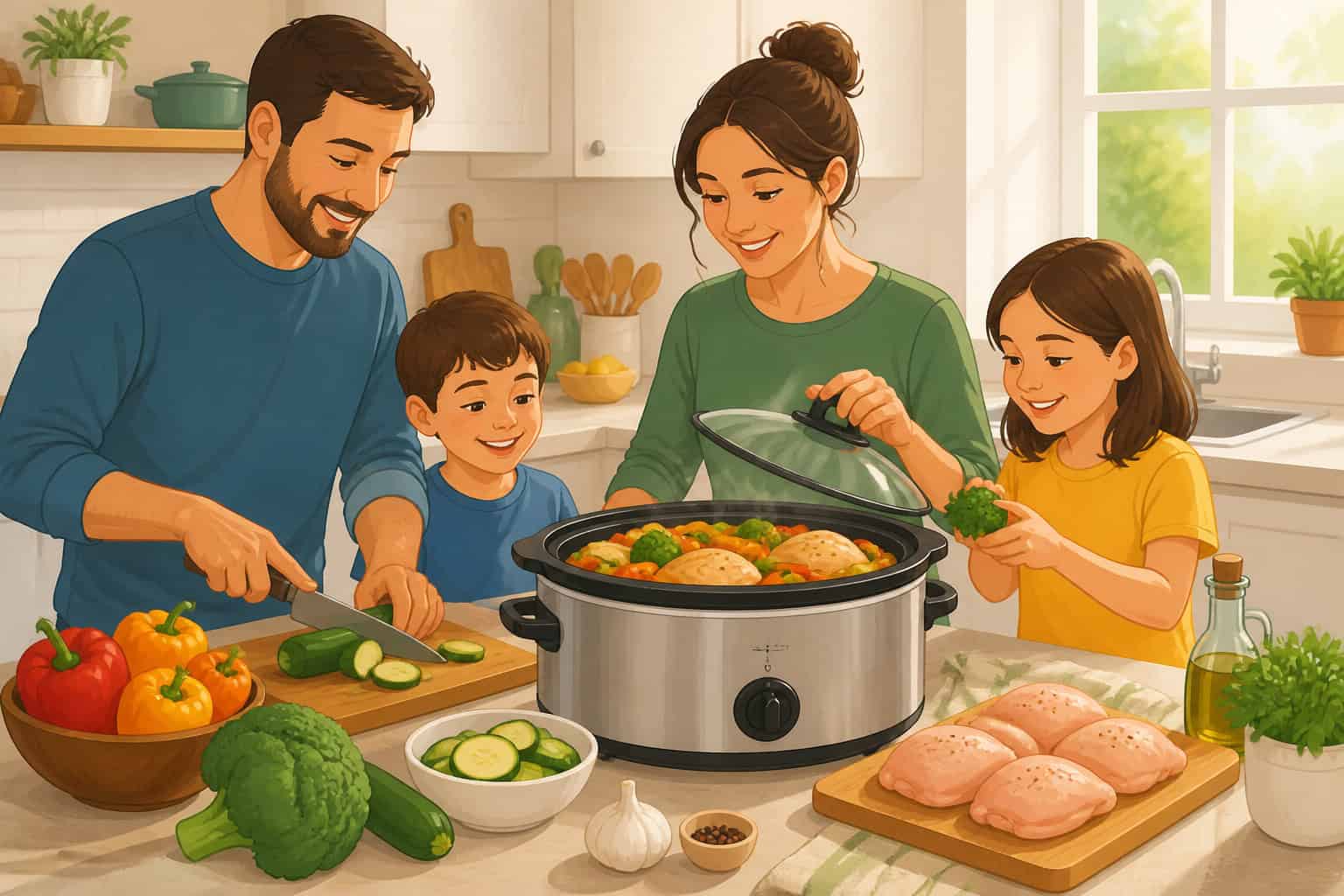A slow cooker on a kitchen counter surrounded by fresh low-carb ingredients like peppers, broccoli, and chicken