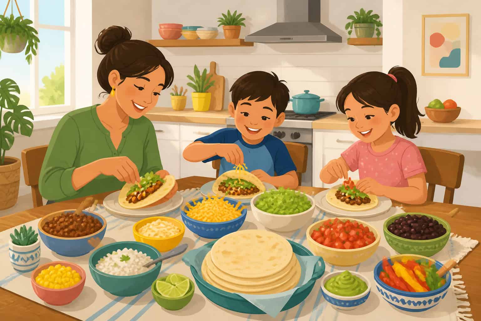 Family building their own tacos at a table set with tortillas, cheese, lettuce, and rice