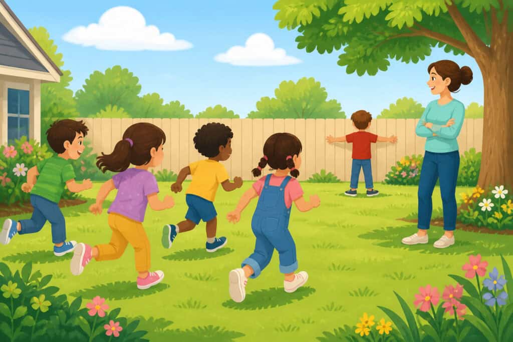 Children playing a freeze game outdoors, practicing self-control together