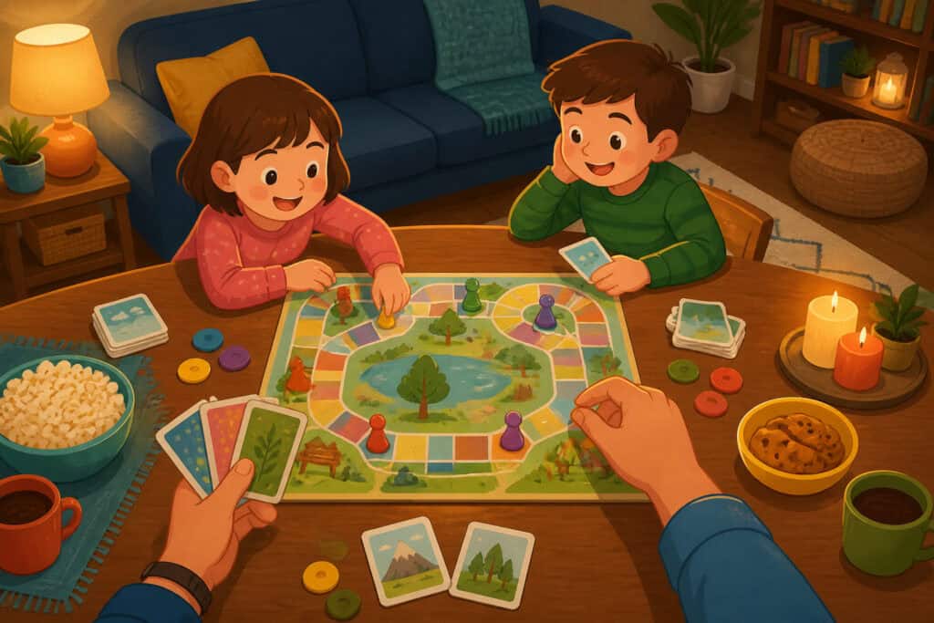 Family playing a board game together at a table for family game night