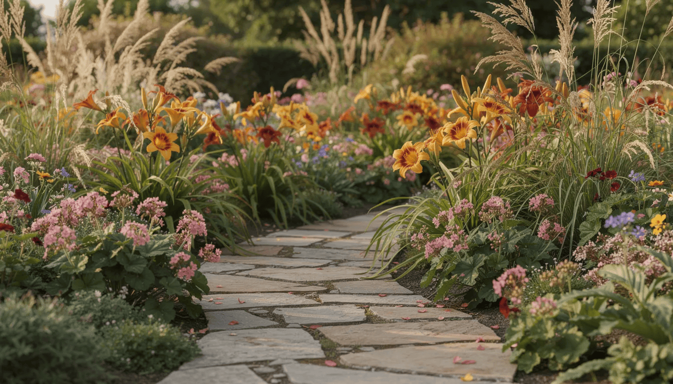 Na zdjęciu widać mieszane rabaty bylinowe, w których dominują kolorowe kwiaty liliowców, otoczone ozdobnymi trawami i bodziszkami, a całość znajduje się przy kamiennej ścieżce. Liliowce tworzą gęste kępy, a ich sztywne pędy kwiatowe wzbogacają przestrzeń ogrodu.
