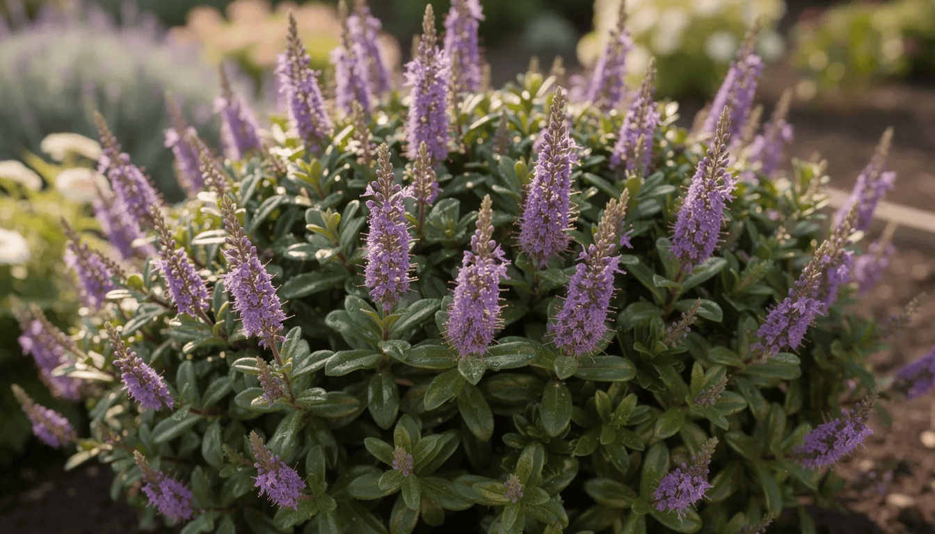Zbliżenie na krzewy hebe, które charakteryzują się fioletowymi kwiatostanami i ciemnozielonymi liśćmi. Roślina ta, znana zimozielona krzewinka, doskonale sprawdza się w ogrodach przydomowych, tworząc efektowne obwódki rabat.