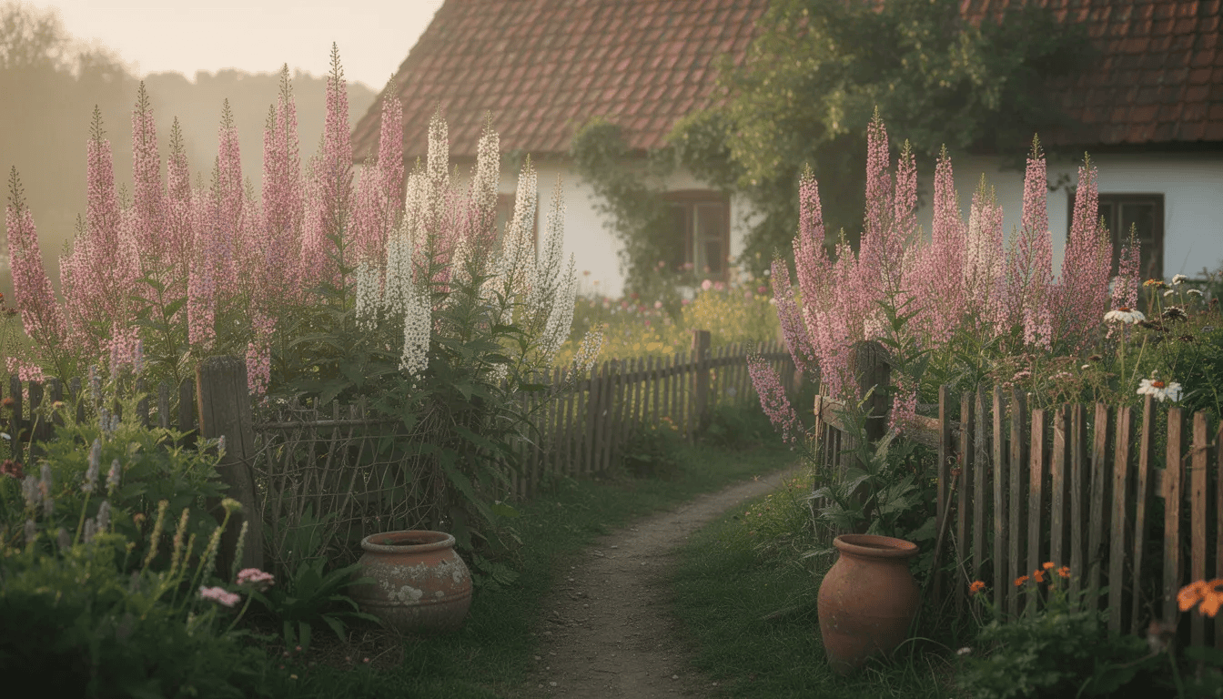 Na obrazku widoczne są wysokie płomyki wiechowate, kwitnące w tradycyjnym ogrodzie wiejskim. Kwiaty te, znane również jako floks szydlasty, tworzą bujne kompozycje w różnych odcieniach różu, dodając uroku i pięknego zapachu otoczeniu.