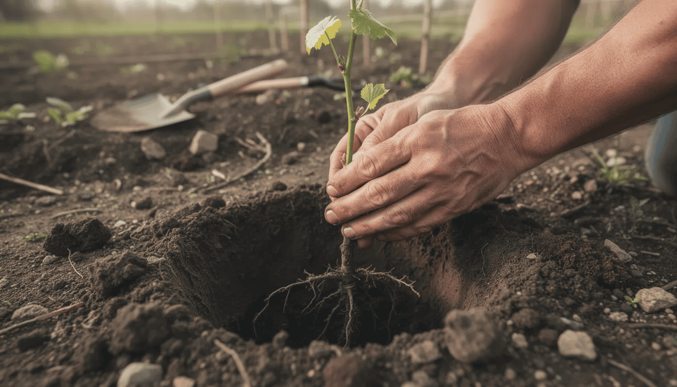 Na zdjęciu widać ręce ogrodnika, które starannie sadzą młodą winorośl w przygotowany dołek w ziemi. W tle można dostrzec gleby, która jest odpowiednio przygotowana do uprawy winorośli, co zapowiada obfite plony w przyszłości.