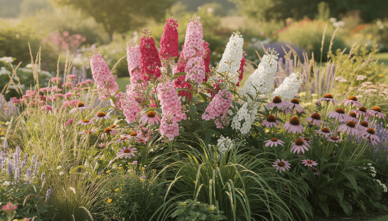 Na zdjęciu znajduje się mieszana rabata bylinowa, w której w pełnym rozkwicie kwitną floks wiechowaty, jeżówki oraz trawy ozdobne. Kwiaty floksy w różnych kolorach emanują pięknym zapachem, przyciągając owady zapylające, co tworzy malowniczy widok w ogrodzie.
