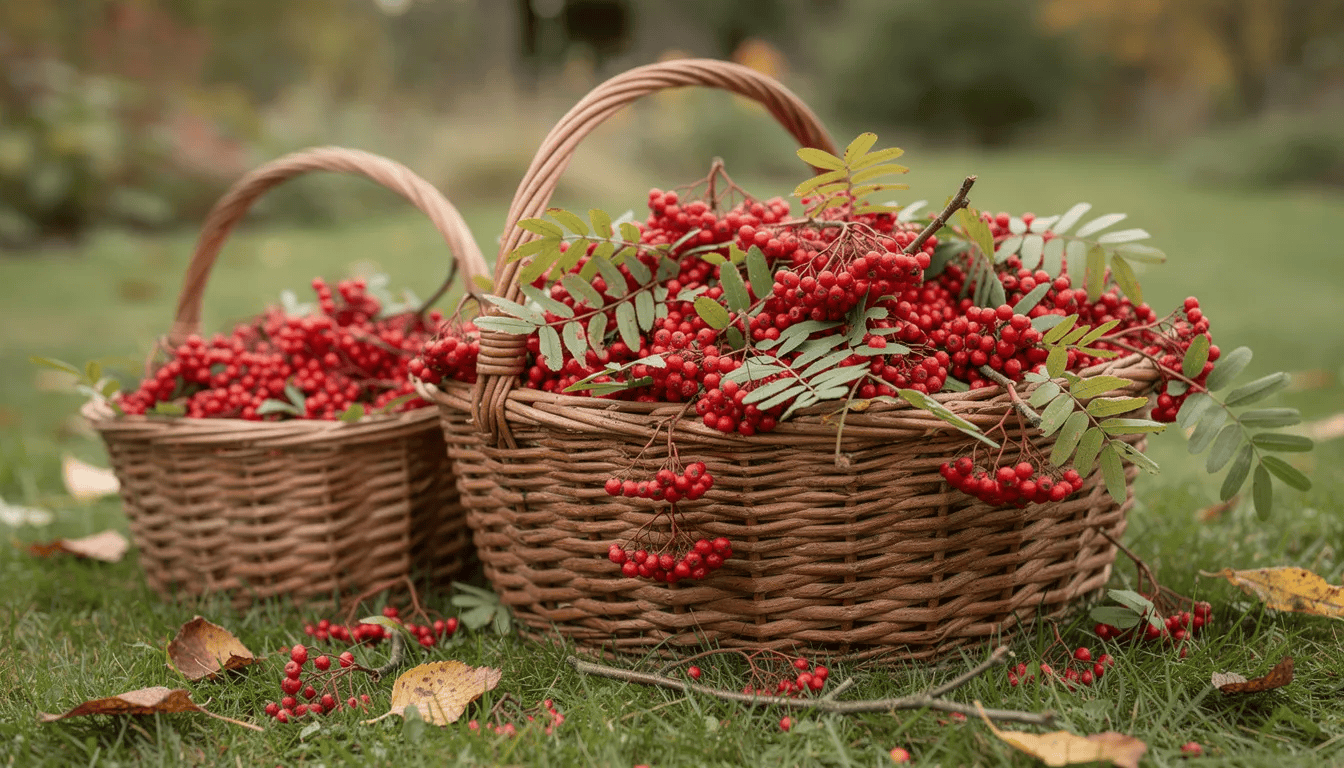 Na obrazie widać kosze wypełnione świeżo zebranymi, czerwonymi owocami jarzębiny, które są dekoracyjnym elementem ogrodu. Owoce te, pochodzące od jarzębu pospolitego, są znane z właściwości leczniczych i stanowią zdrowy dodatek do diety.