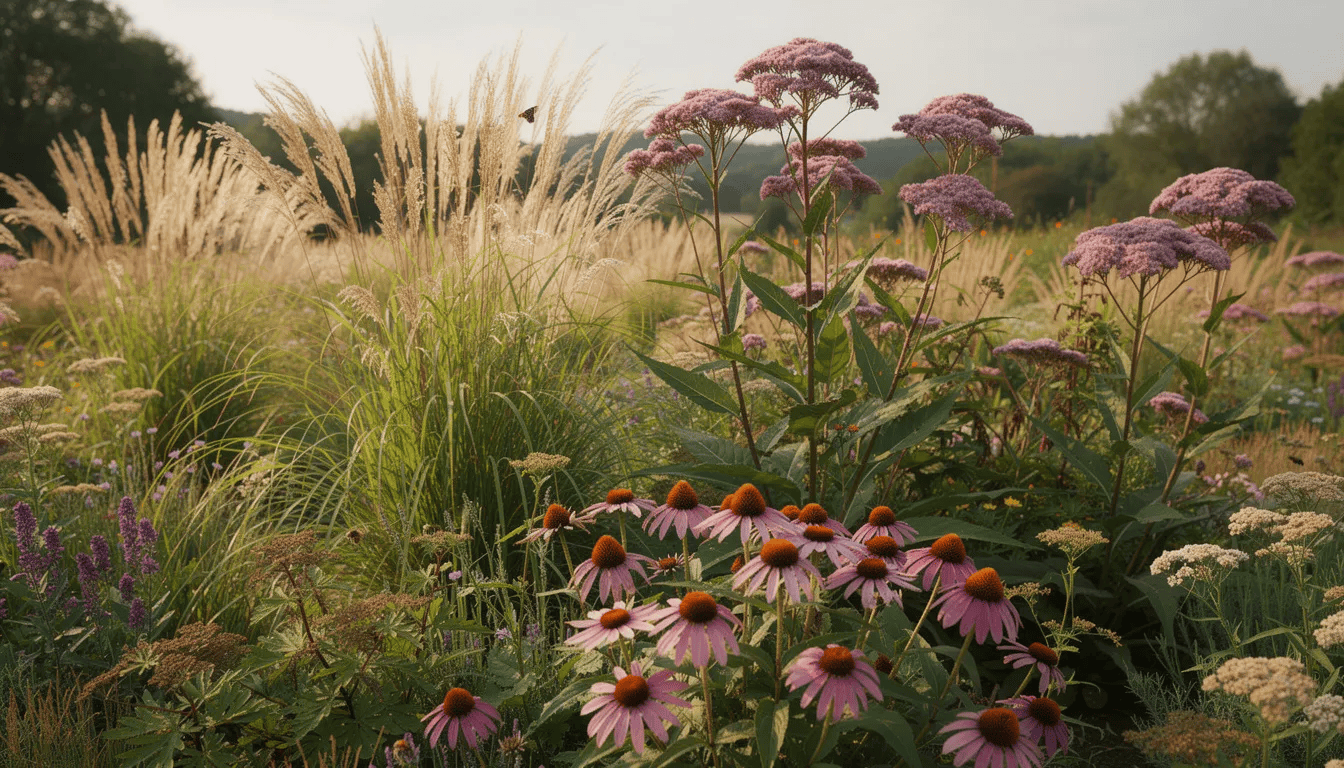 Na rabacie w stylu preriowym rosną wysokie sadźce, miskanty i jeżówki, tworząc kolorowy krajobraz z purpurowymi i czerwonymi kwiatami. Rośliny te, takie jak sadziec purpurowy i sadziec plamisty, preferują stanowiska słoneczne i wilgotne gleby, co sprzyja ich obfitemu kwitnieniu.