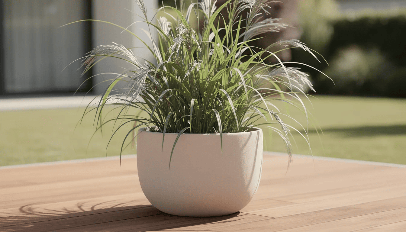 Na drewnianym tarasie znajduje się elegancka ceramiczna donica z miskantem chińskim, który wyrasta w zwarte kępy ciemnozielonych liści. Trawa ozdobna ta, znana z obfitego kwitnienia, stanowi efektowną ozdobę ogrodu, szczególnie w okresie wiosennym.