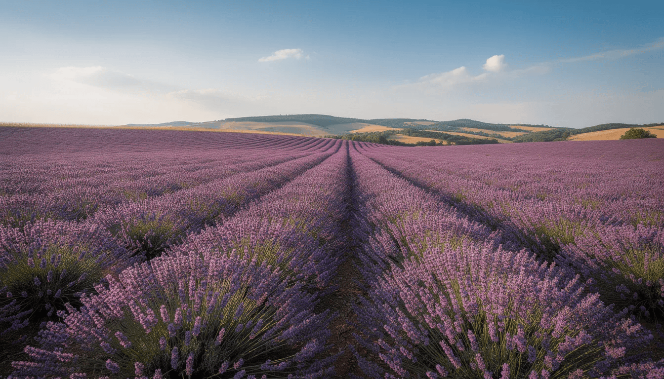 Rozległe pole lawendy w pełnym rozkwicie z rzędami ciemnofioletowych kwiatów, które rozciągają się pod błękitnym niebem, tworząc malowniczy krajobraz. Lawenda wąskolistna emanuje przyjemnym zapachem, a jej piękne kwiatostany przyciągają wzrok i zachwycają w okresie kwitnienia.