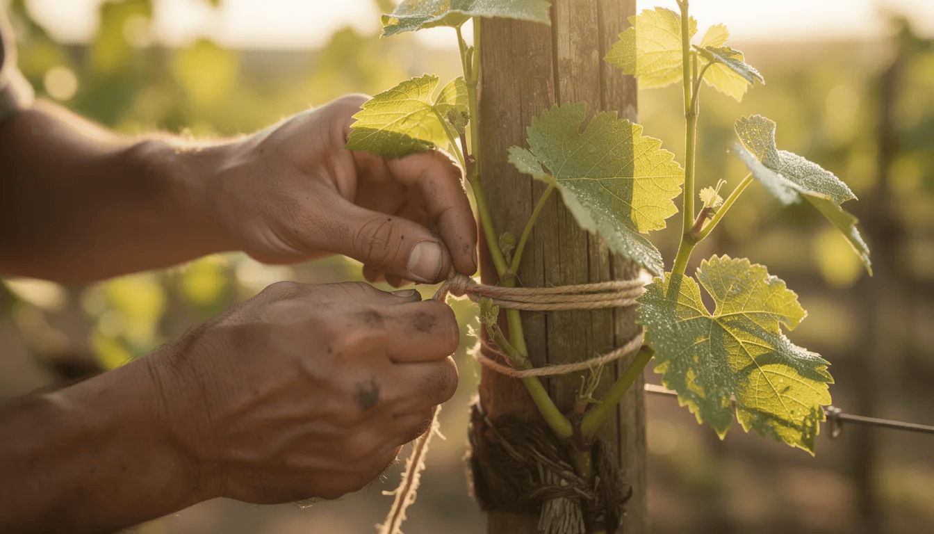 Na zdjęciu widać ręce ogrodnika, które starannie przywiązują pędy winorośli do drewnianej podpory, co jest kluczowe dla uprawy winorośli i zapewnienia obfitych plonów. W tle można dostrzec liście i nowe pędy, co sugeruje okres intensywnego wzrostu rośliny.
