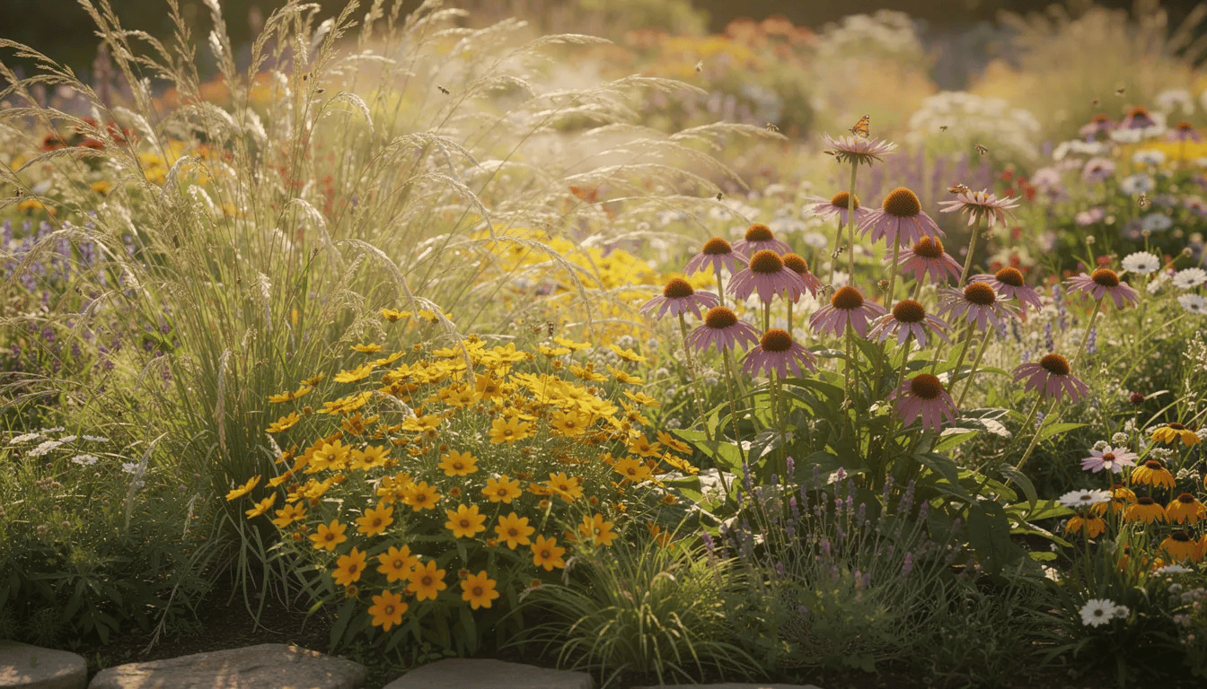 Na obrazku znajduje się naturalistyczna rabata ogrodowa, w której rosną różnorodne nachyłki, w tym nachyłek wielkokwiatowy i różowe odmiany, otoczone ozdobnymi trawami oraz jeżówkami, wszystko w pełnym słońcu. Kwiaty wytwarzają piękne, języczkowate koszyczki, a gęste kępy roślin tworzą malowniczy krajobraz w polskich ogrodach.
