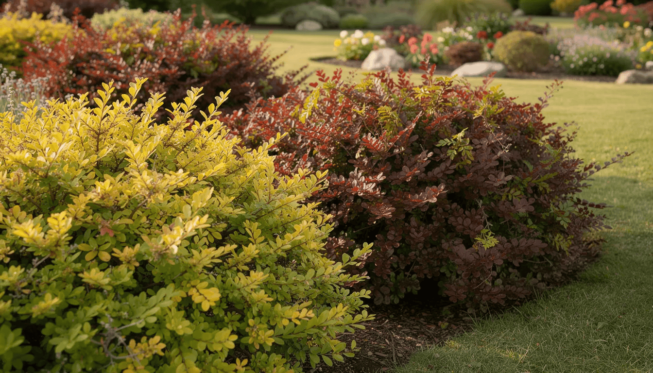 Na obrazku widoczne są kolorowe krzewy berberysu o różnych odcieniach liści, od żółtych przez zielone po bordowe, tworzące harmonijną kompozycję w ogrodzie. Krzewy te, takie jak berberys zwyczajny i berberys thunberga, są doskonałymi roślinami ozdobnymi, które dodają uroku każdemu ogrodowi.