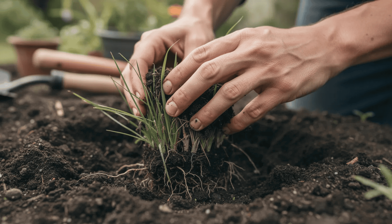 Na zdjęciu widać ręce ogrodnika, które starannie sadzą niską trawę ozdobną w przygotowaną glebę. Trawa ta, znana jako strzęplica sina, jest idealna do ogrodów skalnych i daje gwarancję zdrowego materiału.