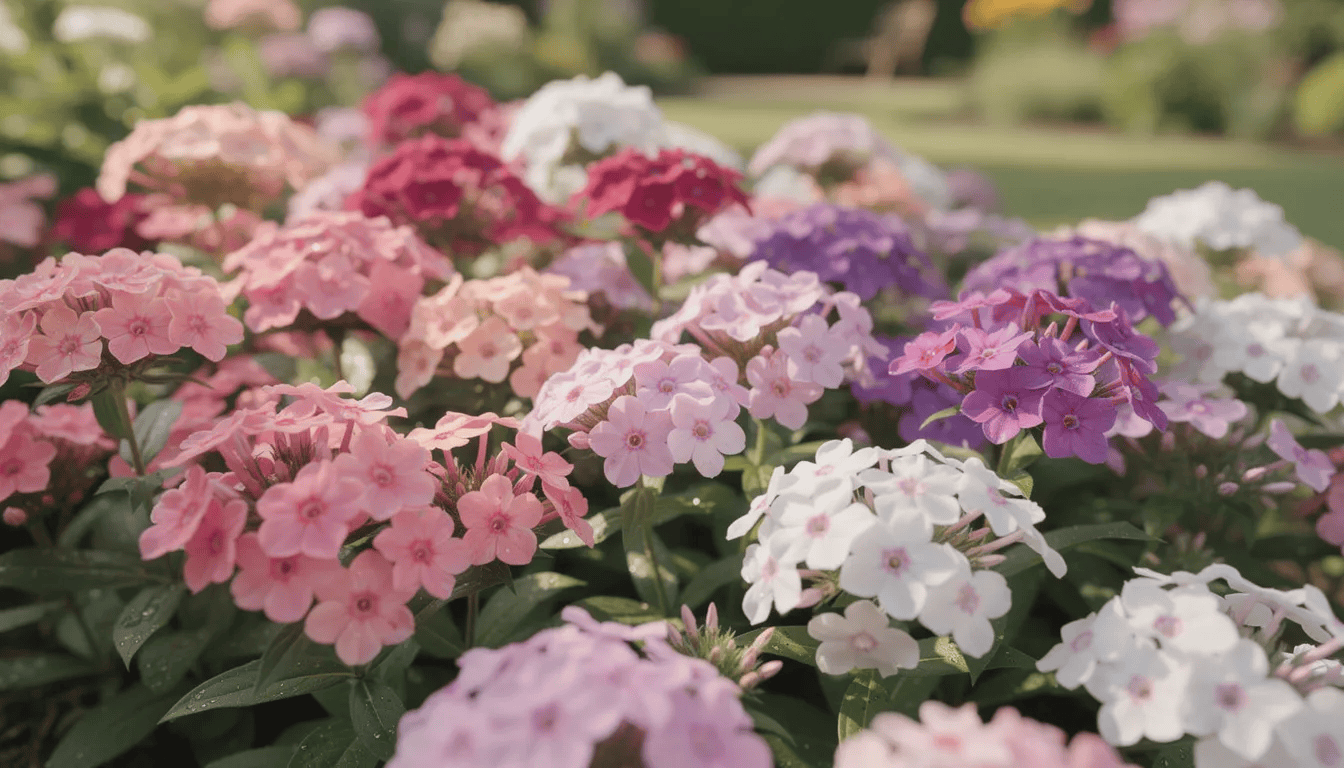 Na kolorowej rabacie rosną kwitnące floks wiechowaty w odcieniach różu, fioletu i bieli, tworząc piękne kompozycje w ogrodzie. Kwiaty te przyciągają owady zapylające i emanują pięknym zapachem, a ich wysokość sięga około 30 cm.
