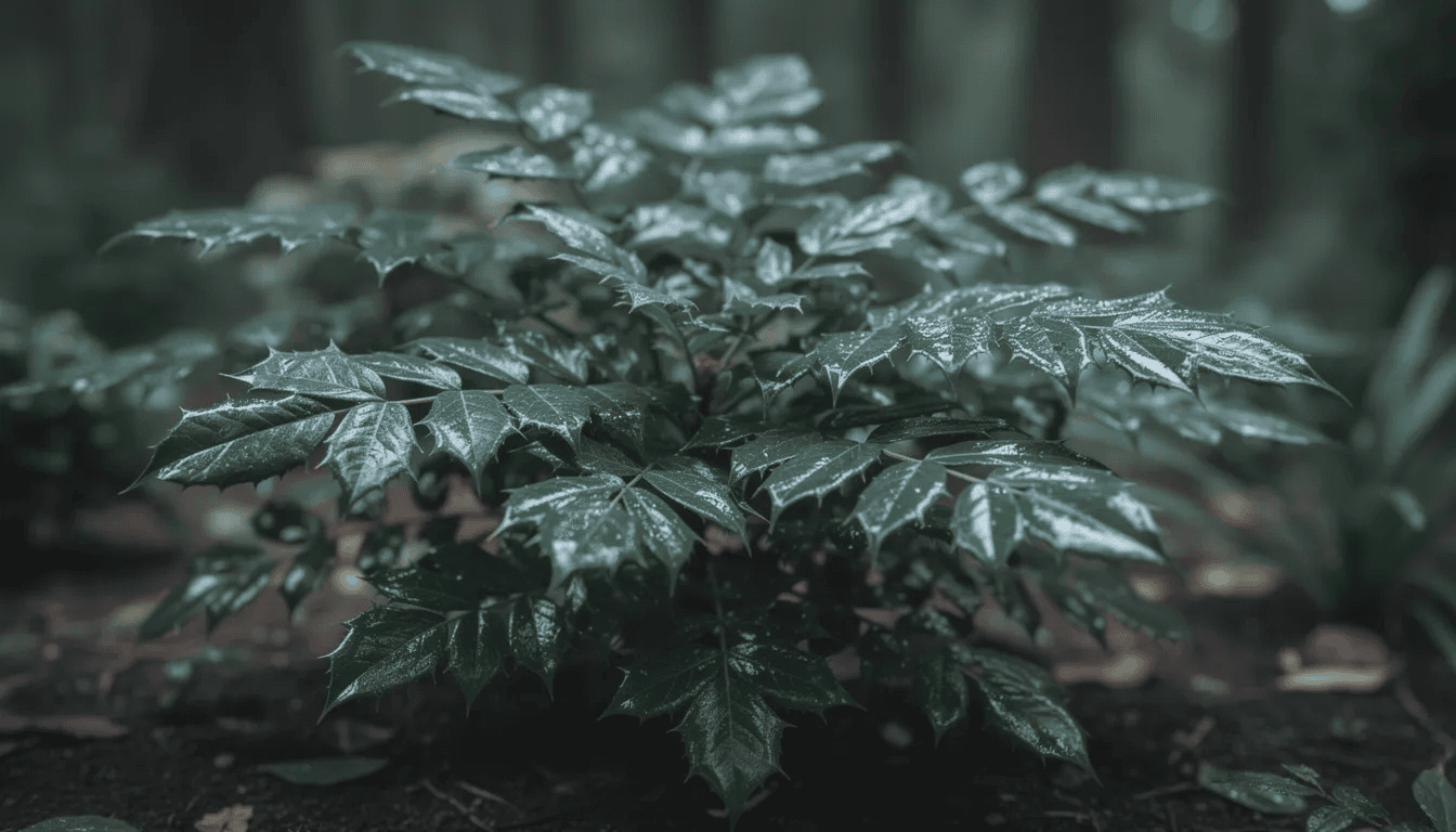 Na zdjęciu znajduje się zimozielony krzew mahonii pospolitej z błyszczącymi, ciemnozielonymi liśćmi oraz intensywnie żółtymi kwiatami, rosnący w cienistym zakątku ogrodu. W tle można dostrzec charakterystyczne, ciemnogranatowe owoce mahonii, które dodają dekoracyjnego uroku tej roślinie.