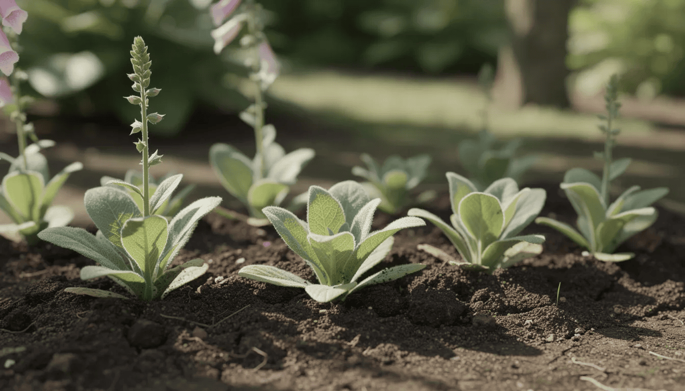 Na rabacie w półcieniu rosną młode rośliny naparstnicy, otoczone świeżo spulchnioną ziemią. Roślina ta, znana z pięknych kwiatostanów, jest dwuletnia i wymaga umiarkowanej wilgotności gleby.