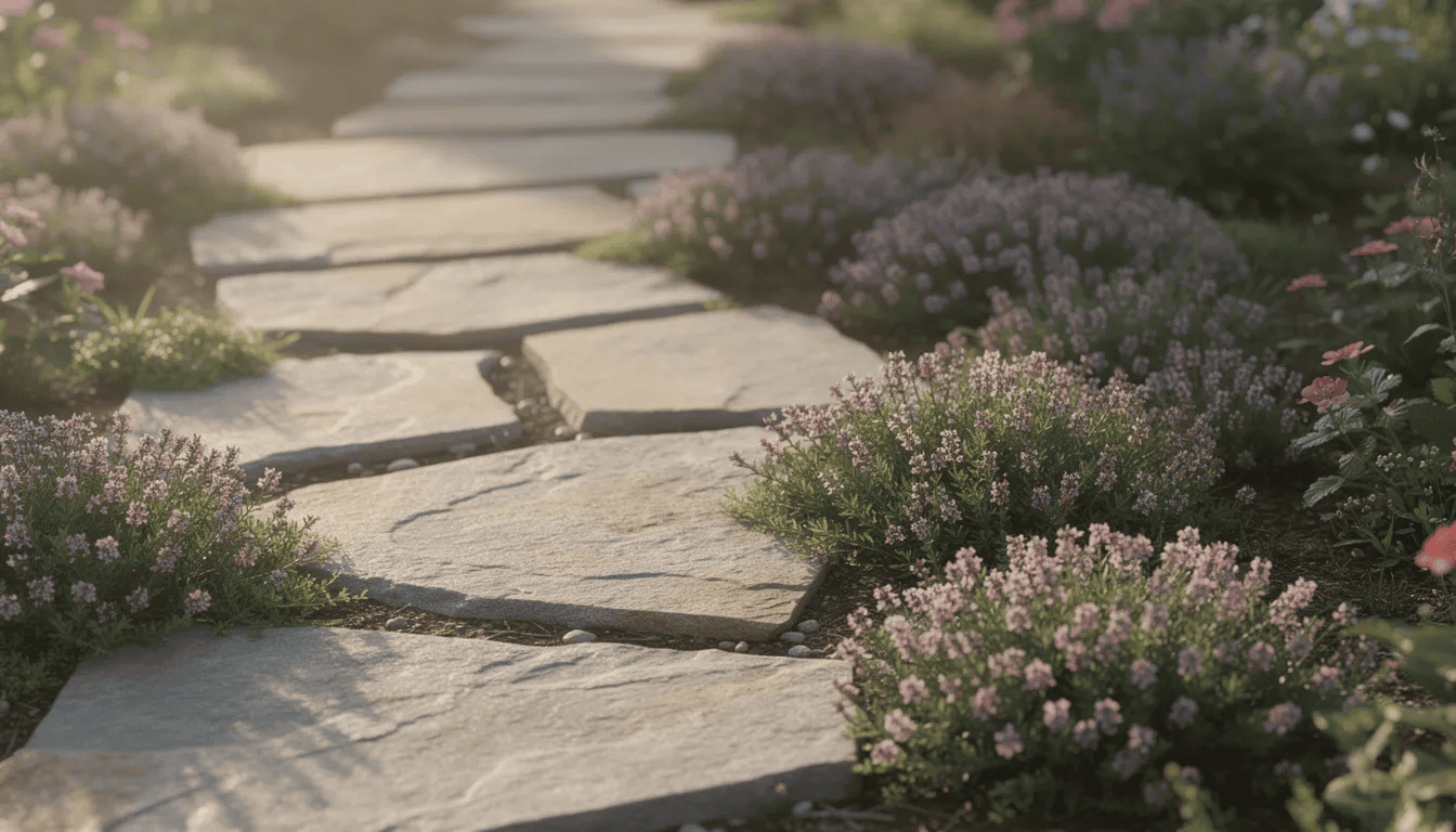 Na ścieżce ogrodowej z płyt kamiennych rosną kępy kwitnącej macierzanki, w tym macierzanki piaskowej i zwyczajnej, które tworzą piękne, płożące się kobierce z drobnymi, różowymi kwiatami. Rośliny te, znane z właściwości leczniczych i cytrynowego zapachu, doskonale nadają się do ogrodów skalnych oraz słonecznych stanowisk.