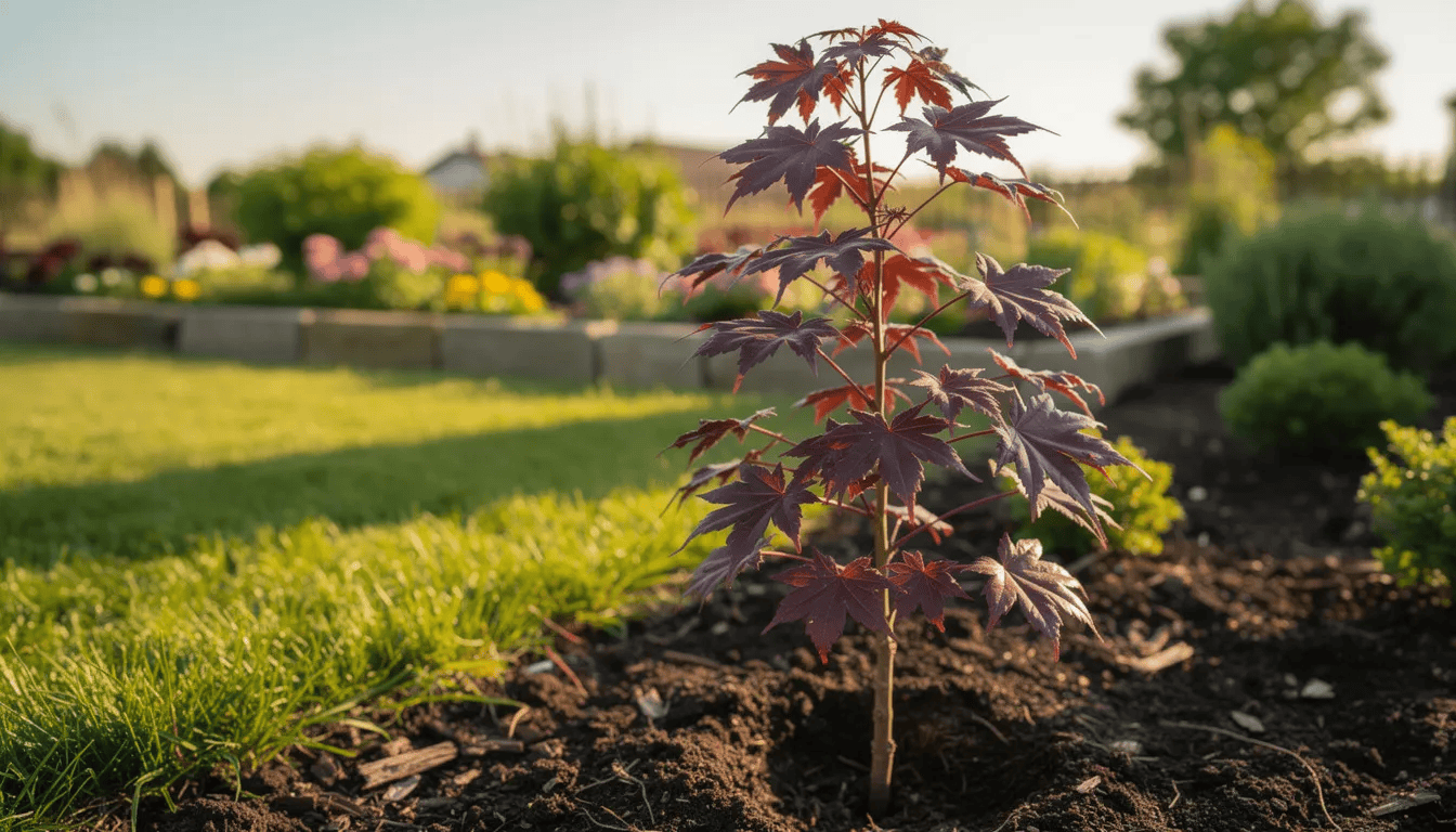 Na obrazie widoczny jest klon czerwony o purpurowych liściach, rosnący w słonecznym ogrodzie obok zielonego trawnika. Drzewo ma gęstą koronę i stanowi ozdobny element przestrzeni, kontrastując z jasnym otoczeniem.