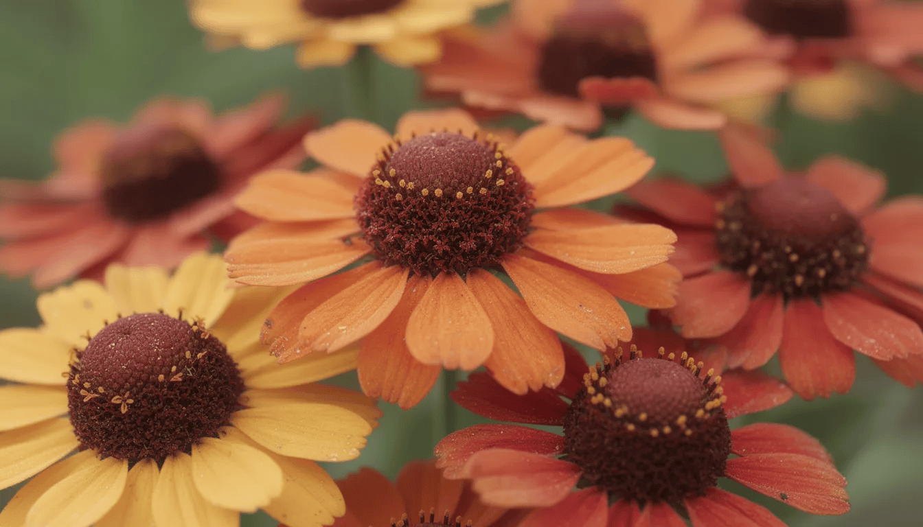 Zbliżenie na kwiaty dzielżanu ogrodowego ukazuje ich różnorodność barw, przechodzących od intensywnej żółci przez pomarańcz do głębokiej czerwieni. Kwiaty te, typowe dla rodziny astrowatych, kwitną obficie w okresie letnim i jesiennym, przyciągając pszczoły i inne owady zapylające.