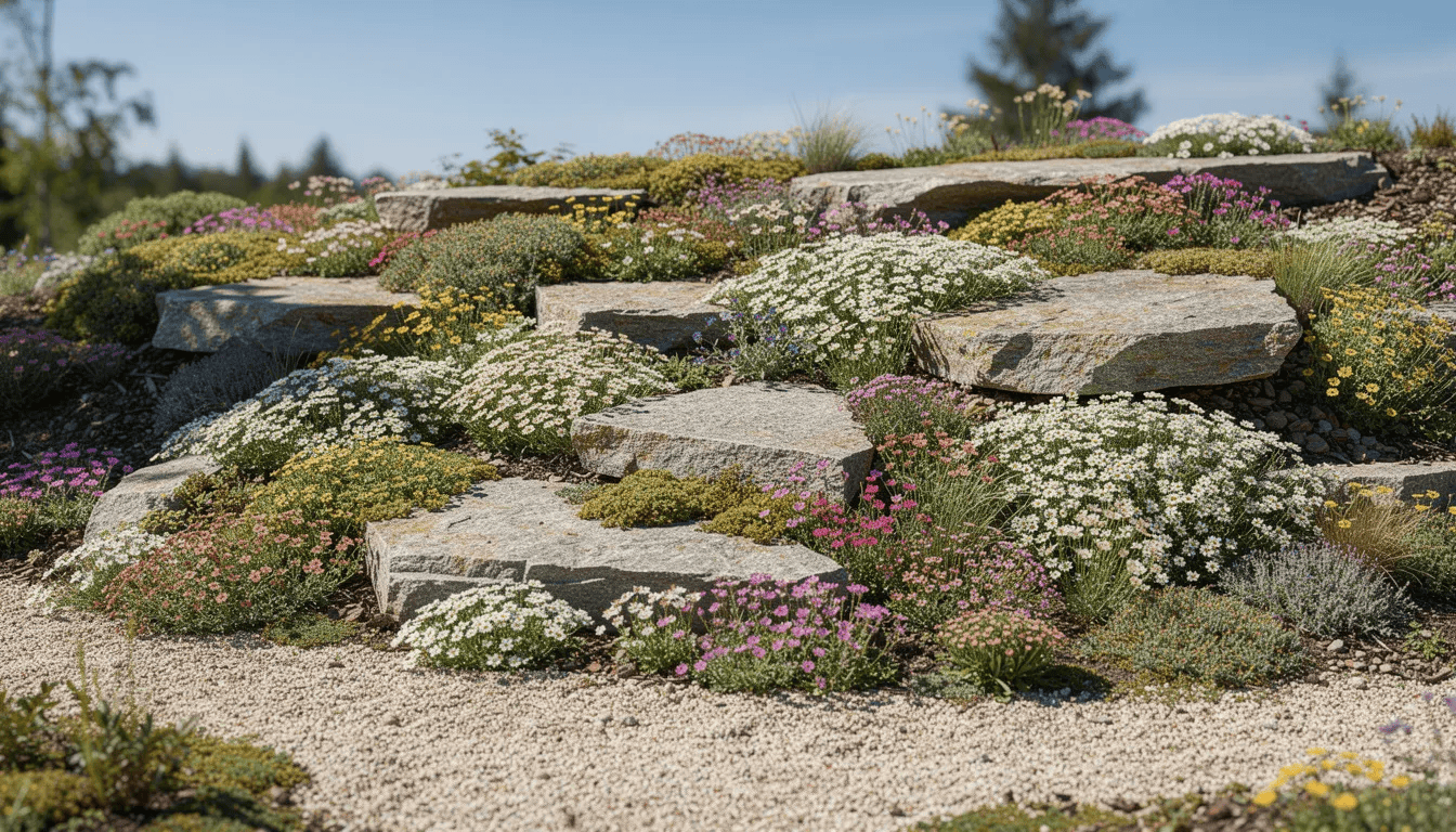 Ogród skalny w słoneczny dzień z niskimi bylinami okrywowymi, takimi jak acena drobnolistna, rosnącymi między kamieniami i żwirem. Rośliny charakteryzują się gęstym pokrojem oraz dekoracyjnymi liśćmi, które jesienią zmieniają kolor na różne odcienie czerwieni.