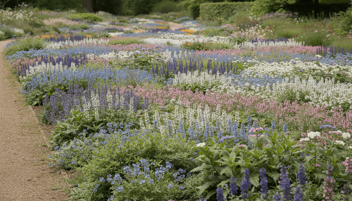 Na zdjęciu znajduje się wielobarwna rabata z różnymi gatunkami przetacznika, w tym przetacznikiem kłosowym i rozesłanym, w pełni kwitnienia. Rośliny tworzą gęste kobierce, a ich kwiaty przyciągają wzrok intensywnymi kolorami, od niebieskich po białe, co sprawia, że rabata jest niezwykle efektowna.