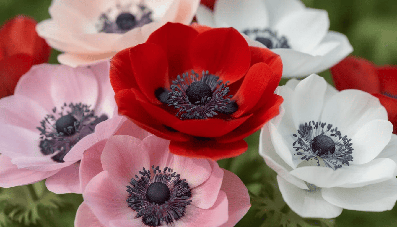 Zbliżenie na kolorowe kwiaty zawilców wieńcowych, wśród których dominują czerwone, różowe i białe płatki. Te delikatne kwiaty, należące do rodziny jaskrowatych, kwitną wczesną wiosną, tworząc zwarte kępy w ogrodzie.