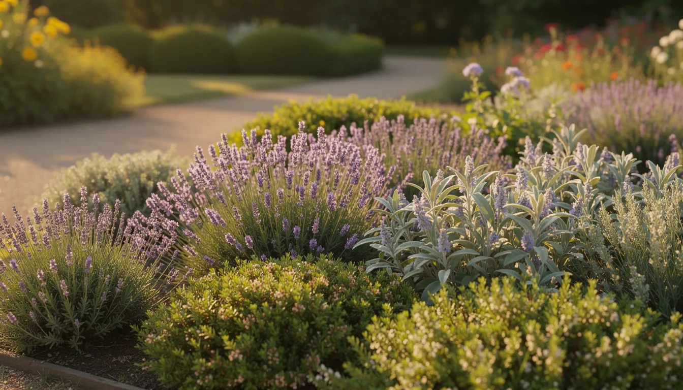 Na kolorowej rabacie ziołowej w słonecznym ogrodzie rosną lawenda, tymianek i szałwia, które są znane ze swoich właściwości leczniczych i korzystnego wpływu na układ odpornościowy. Zioła te, wykorzystywane w medycynie naturalnej, mają działanie przeciwzapalne i wspierają zdrowie organizmu.
