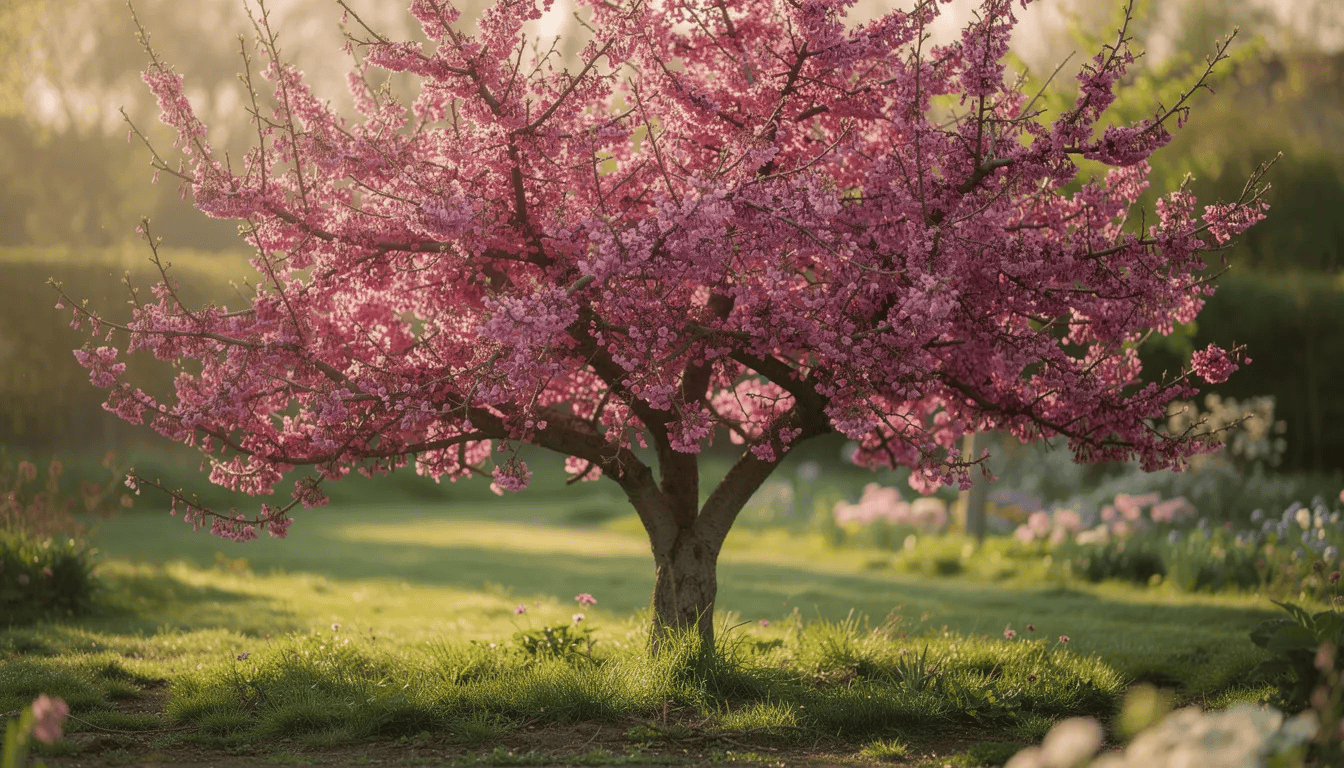 Wiosenny ogród z kwitnącym judaszowcem, którego gałęzie pokrywają intensywnie różowe kwiaty, tworząc zachwycający widok. Roślina ta, znana jako cercis canadensis, jest niezwykle dekoracyjna i przyciąga uwagę swoim atrakcyjnym pokrojem.