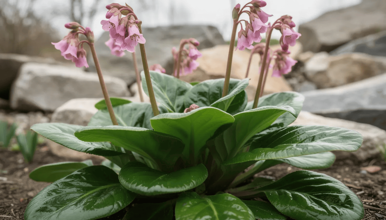 Na zdjęciu znajduje się kępa bergenii sercowatej z dużymi, błyszczącymi, skórzastymi liśćmi oraz ciemnoróżowymi kwiatami, umiejscowiona na tle naturalnych kamieni skalniaka. Roślina kwitnie wczesną wiosną, a jej liście nadają ogrodowi zimozielony charakter.