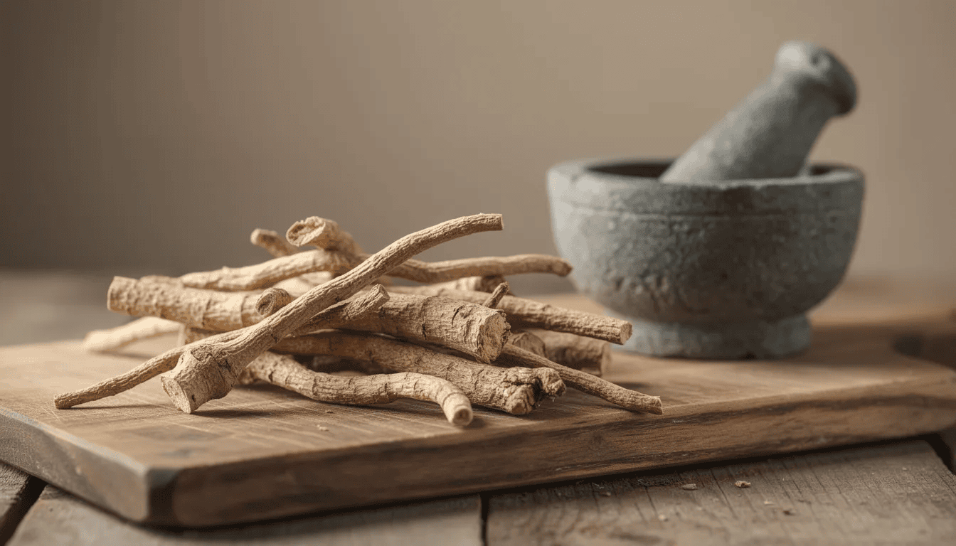 Na drewnianej desce leżą suszone kłącza tataraku zwyczajnego, obok znajduje się moździerz, co sugeruje ich potencjalne zastosowanie w medycynie naturalnej. Kłącza tataraku, znane ze swoich właściwości leczniczych, mogą być wykorzystywane w różnych dolegliwościach układu pokarmowego oraz w pielęgnacji skóry głowy.